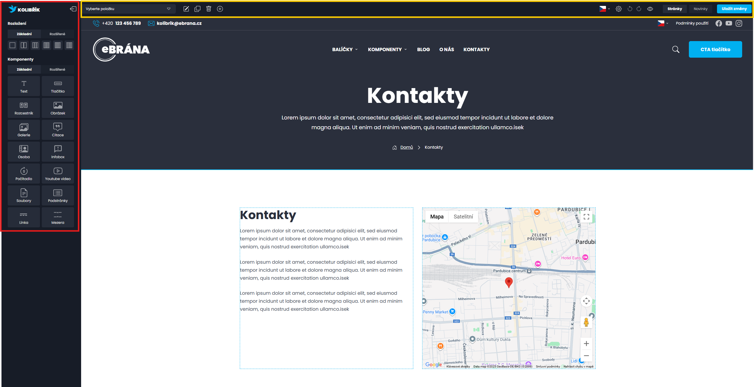 Ukázka administrace webu se základními panely