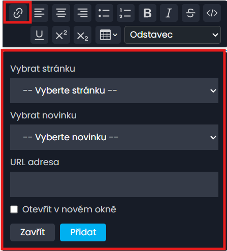 Vytvoření odkazu a jeho nastavení