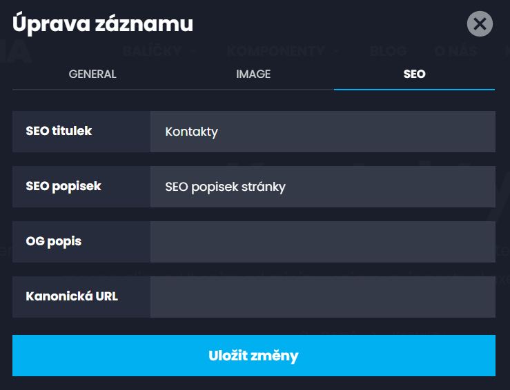 Úprava záznamu - seo záložka